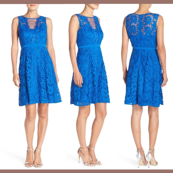 NWT Adrianna Papell Illusion Floral‎ Lace Fit & Flare Dress Blue [SZ 12 ] - Picture 1 of 8